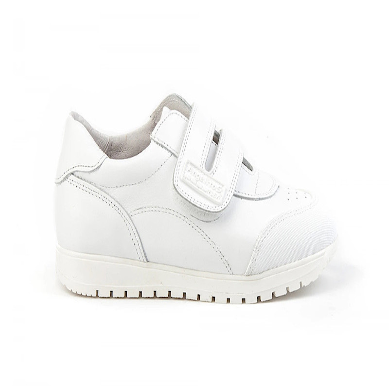 Made in Spain EU23-EU35 School Sports shoes reinforced PVC Toe Napa Leather Single Strap velcro sneakers Non Slip Rubber White 